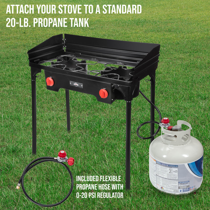 Hike Crew Cast Iron Double burner Outdoor Gas Stove 150 000 Btu Portable Propane powered Cooktop With Removable Legs Temperature Control Knobs Wind Panels Hose Regulator Storage Carry Case Reviews Way...